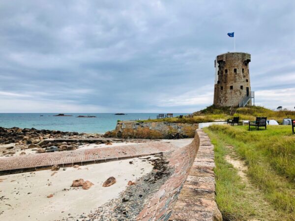 Le Hocq Beach with slipway and Le Hocq Tower.