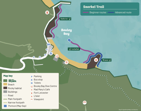 Map of self-guided snorkel trail at Bouley Bay